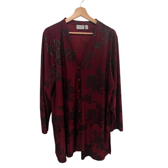 Susan Graver Burgundy & Black Floral Button-Front Long Cardigan Blouse Womens XL - Picture 1 of 5